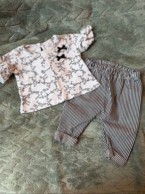 Laura Ashley White Baby Top with Black Floral Sketch and Ribbon Bows